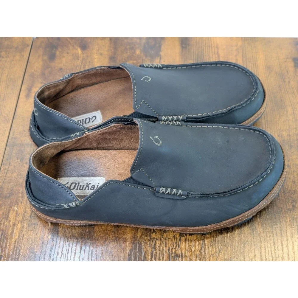 OLUKAI Moloa Men's Leather Nubuck Sz 11 Slip On Shoes 10128-4033 Black